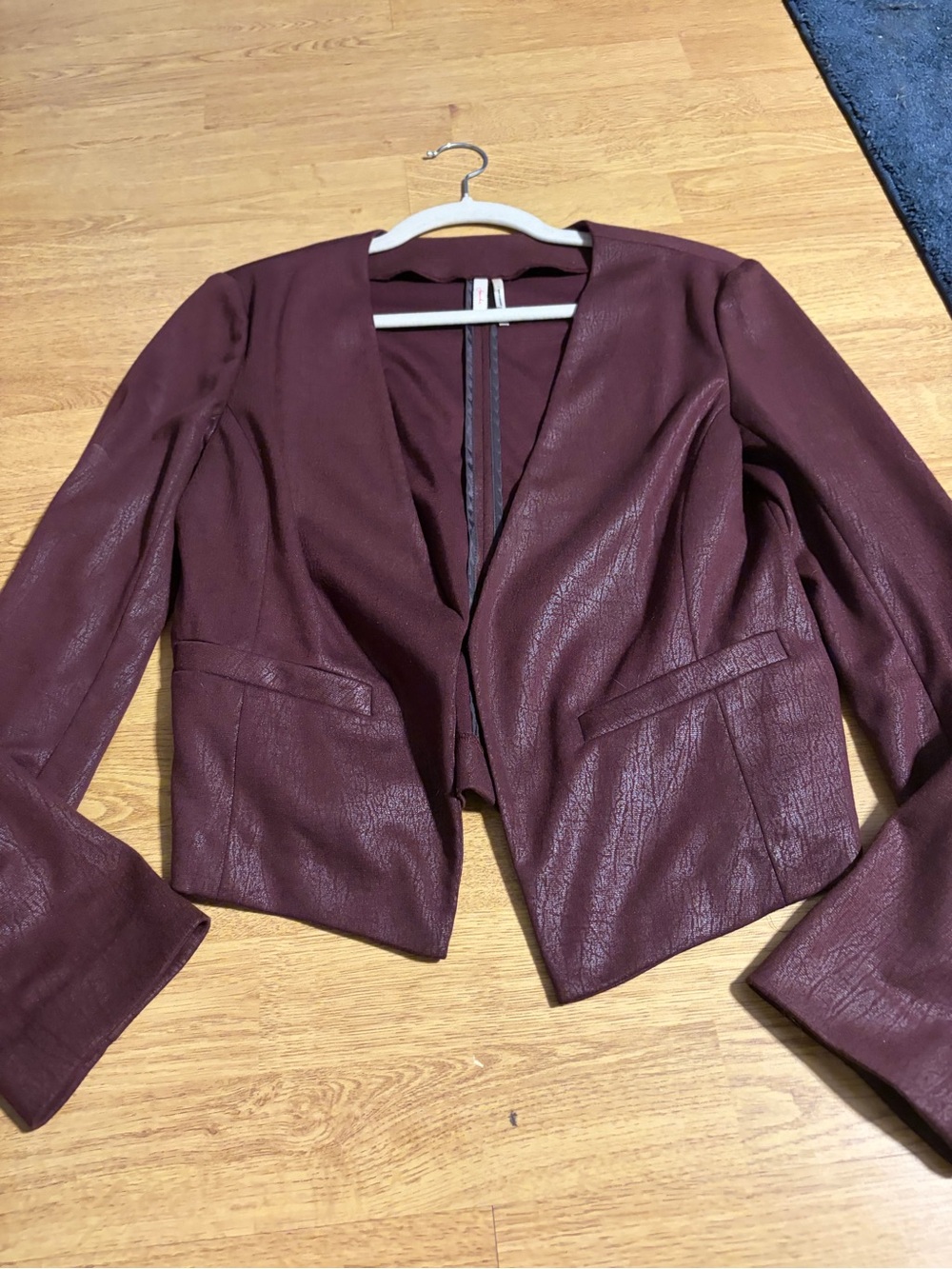 Frenchi Burgundy Open-Front Faux Leather Blazer